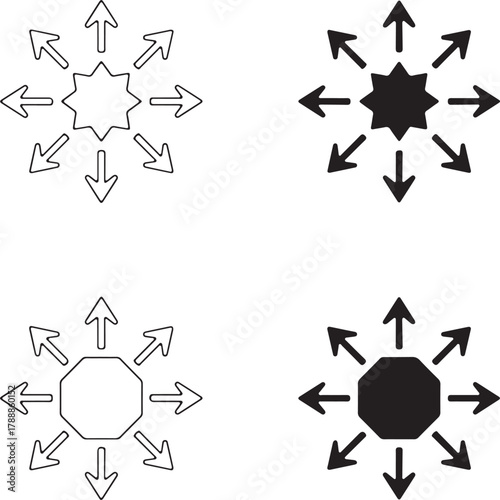 Abstract vector icons with central geometric shapes radiating arrows outwards, symbolizing distribution, expansion, divergence, spread, and multidirectional flow.