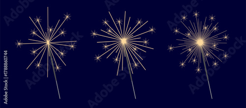Three hand drawn flat sparkle, bengal fire, light, sparkler, glow, firework. Decorative holiday, New Year minimal element, Christmas decor. Isolated vector illustration on blue background EPS10