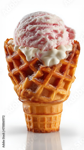 Vanilla pink ice cream scoop presented in waffle cone cup on white background.