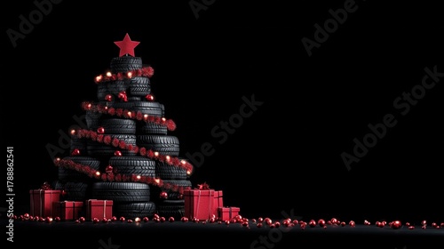 Creative Christmas tree made from tires with red ornaments and gifts displayed on a black background