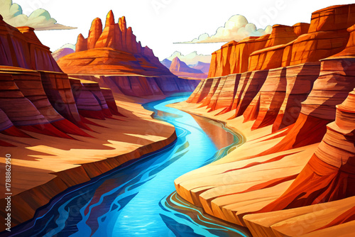 Narrow blue river cutting through red sandstone canyon under clear desert sky isolated