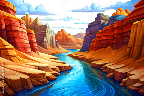 Narrow blue river cutting through red sandstone canyon under clear desert sky isolated