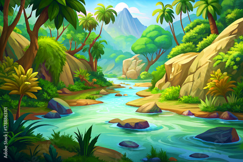 Wide tropical river surrounded vector illustration cartoon by dense green jungle trees and misty morning light