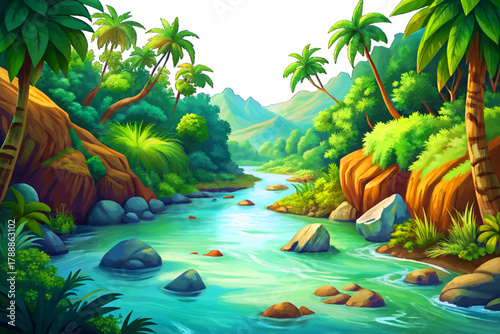 Wide tropical river surrounded vector illustration cartoon by dense green jungle trees and misty morning light