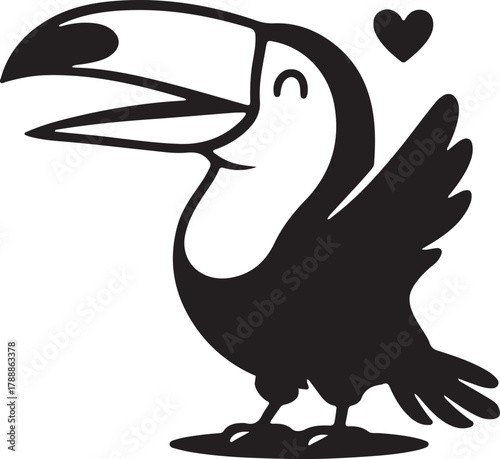 Happy cartoon toucan illustration with wide open beak and a heart symbol, representing love and tropical cheer, vector graphic element