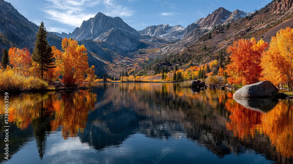 Obraz premium Stunning alpine lake reflects vibrant autumn trees and majestic snow-capped mountains under a clear blue sky
