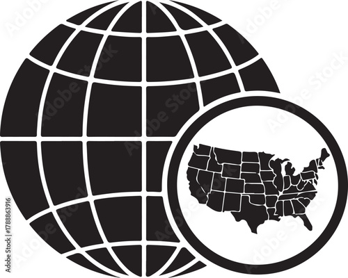 Global connectivity and united states map in a simple, iconic black and white vector illustration, representing international relations and us geography.