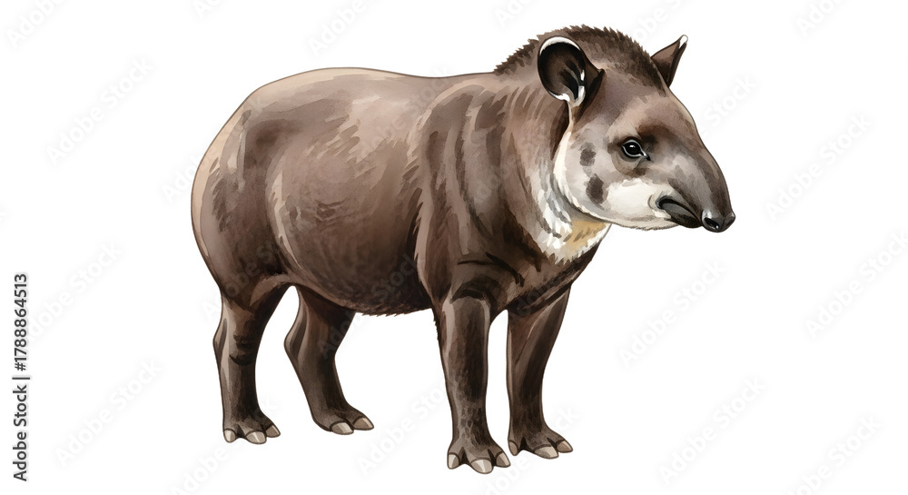 Fototapeta premium Illustration of a tapir walking isolated on white background, realistic wildlife animal drawing perfect for educational materials and nature projects