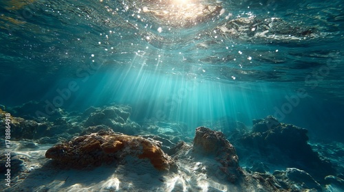 Fototapeta Naklejka Na Ścianę i Meble -  Sunlight streams through crystal clear turquoise ocean water illuminating vibrant coral reefs and sandy seabed below