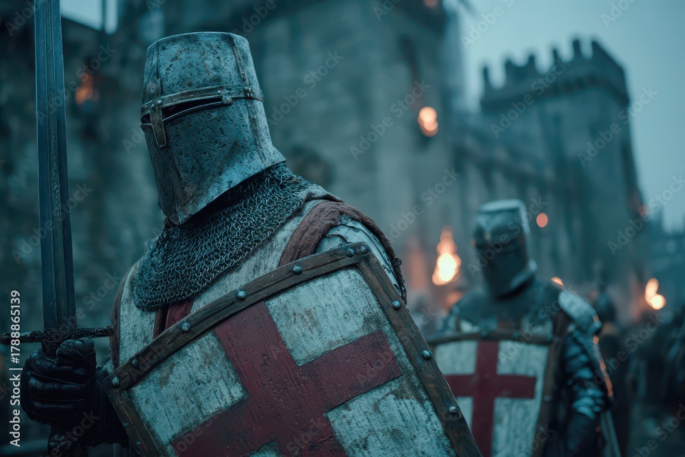 Fototapeta premium A formidable medieval crusader knight in full armor holding a sword and shield