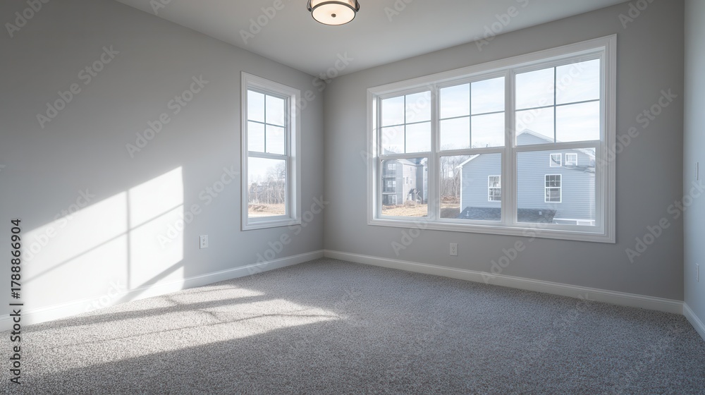 Fototapeta premium Bright and Airy Empty Room With Large Windows and Soft Carpet in a New Home Setting