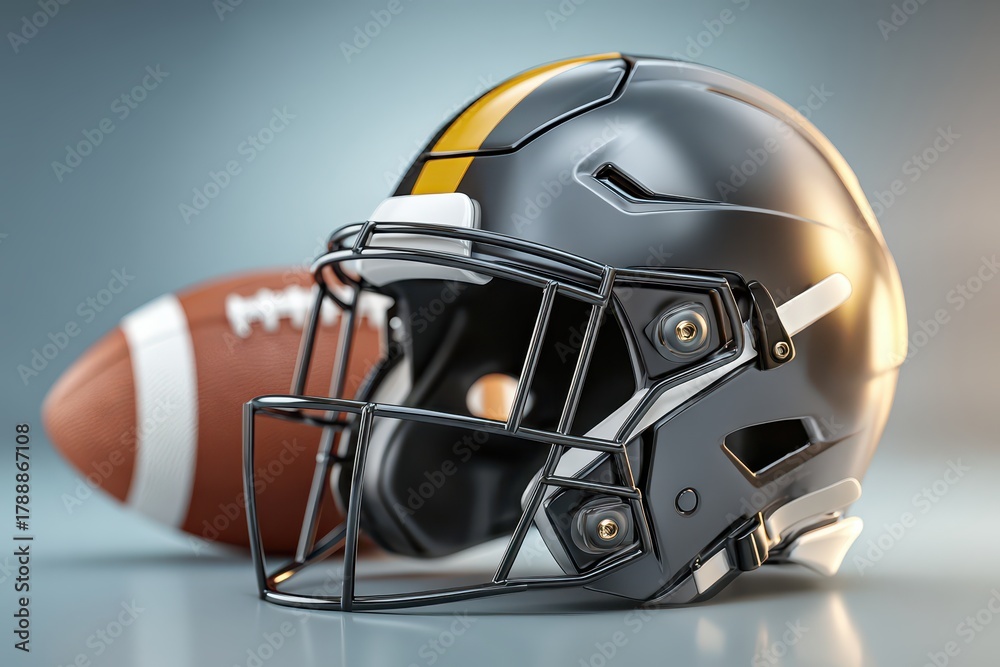 Fototapeta premium Sleek black football helmet with yellow stripe and ball, studio shot.
