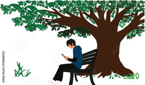 Young Man Sitting on Park Bench Under Large Tree Using Smartphone Keywords: park, bench, tree, nature, man, young, smartphone, mobile, phone, technology