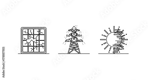 Icons representing energy crisis, power lines, and renewable solar power.