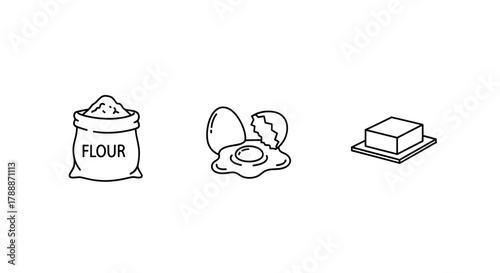 Simple line art icons represent baking ingredients: flour, eggs, and butter on a white background.