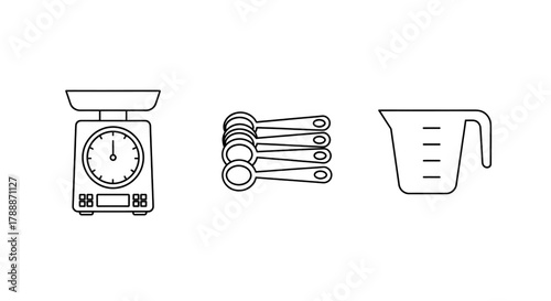 Kitchen tools for precise cooking and baking, including a scale, measuring spoons, and a liquid measuring cup.