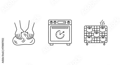 Hands knead dough, oven bakes, and fresh bread cools on rack