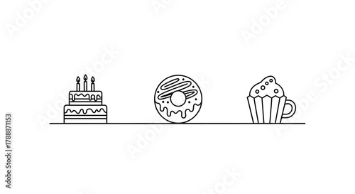 Celebratory treats lined up: a tiered cake, a frosted donut, and a cupcake