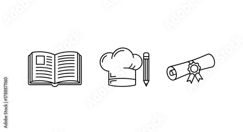 Culinary education icons: open book, chef hat with pencil, and diploma scroll
