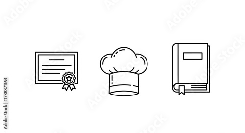 Culinary education symbols: certificate, chef's hat, and cookbook
