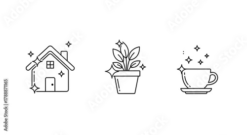 Sparkling clean icons for home, plant, and coffee cup, representing freshness and hygiene