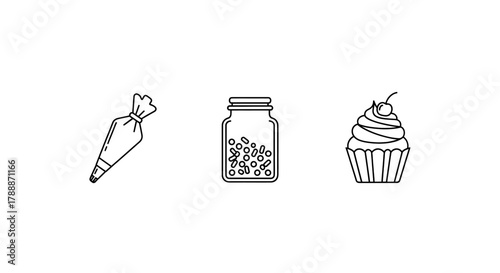 Simple line art icons of baking tools and a cupcake, perfect for a recipe or cooking concept.