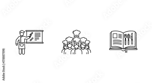 Chefs learn and collaborate, sharing culinary knowledge from a recipe book.