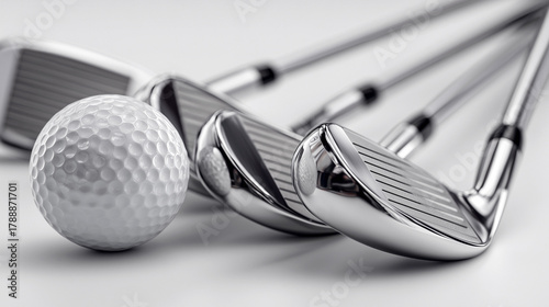 Three polished golf irons lined up with a golf ball on white background.
