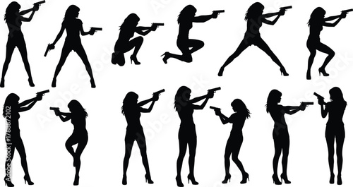 Women silhouettes with guns, action poses, spy agent concept, strong female power vector illustration design
