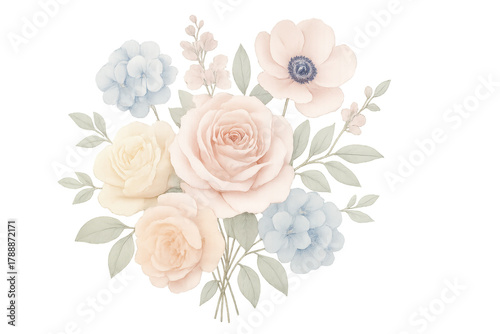 Watercolor pastel floral bouquet with roses, anemones, hydrangeas, and leaves