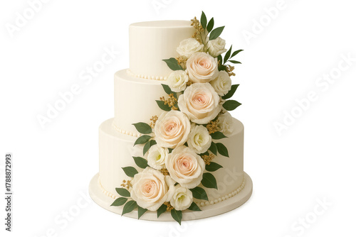 Tiered wedding cake with roses and greenery displaying celebration