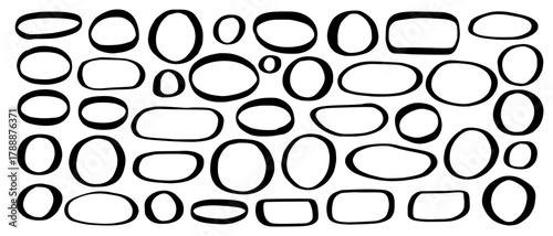 Set of oval, round frames of different sizes and shapes, hand drawn with black marker with different outline thickness. Vector illustration of template for text, highlight, accent, picture.