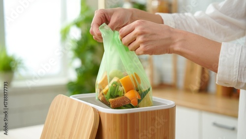 Female hands placing a green compostable bag filled with organic waste into a stylish wooden composting bin in a bright kitchen
