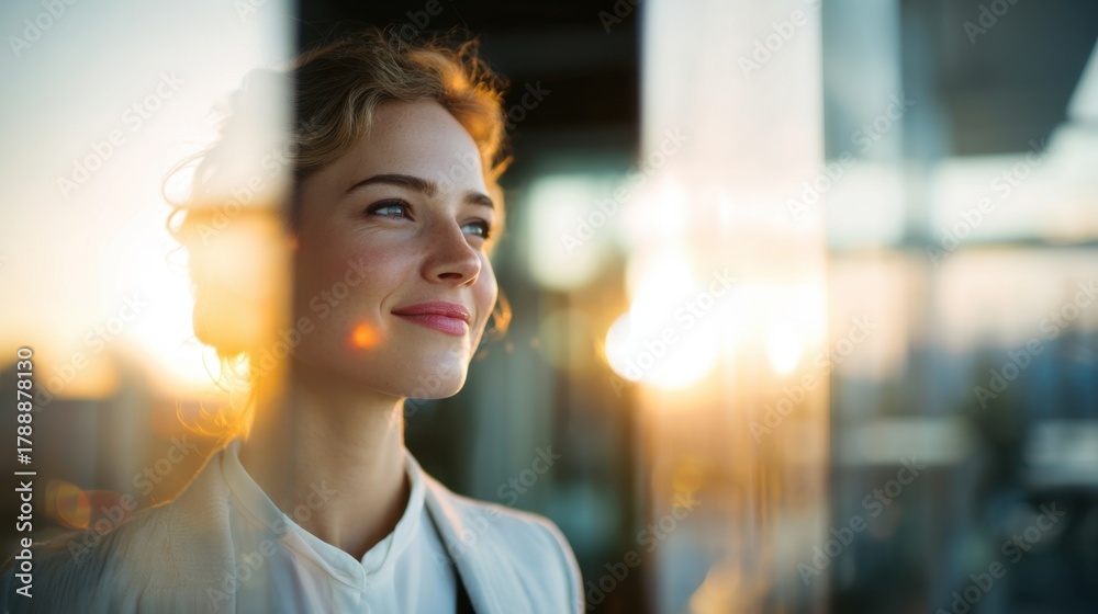 Fototapeta premium A young woman stands by a sleek window, smiling softly as the sunset bathes the city skyline in warm light. She appears thoughtful and content, enjoying the moment.