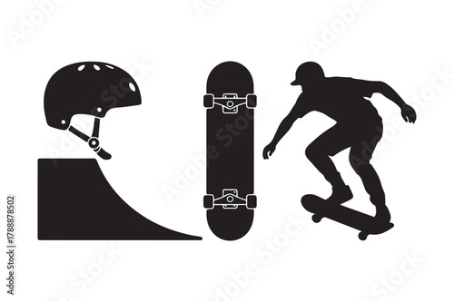 Skateboarder silhouette with ramp and helmet vector graphic