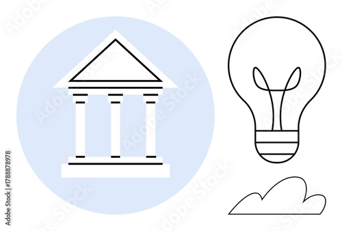 Government building with triangular roof and columns, light bulb symbolizing ideas, and a small simple cloud. Ideal for education, innovation, governance, law, creativity, sustainability