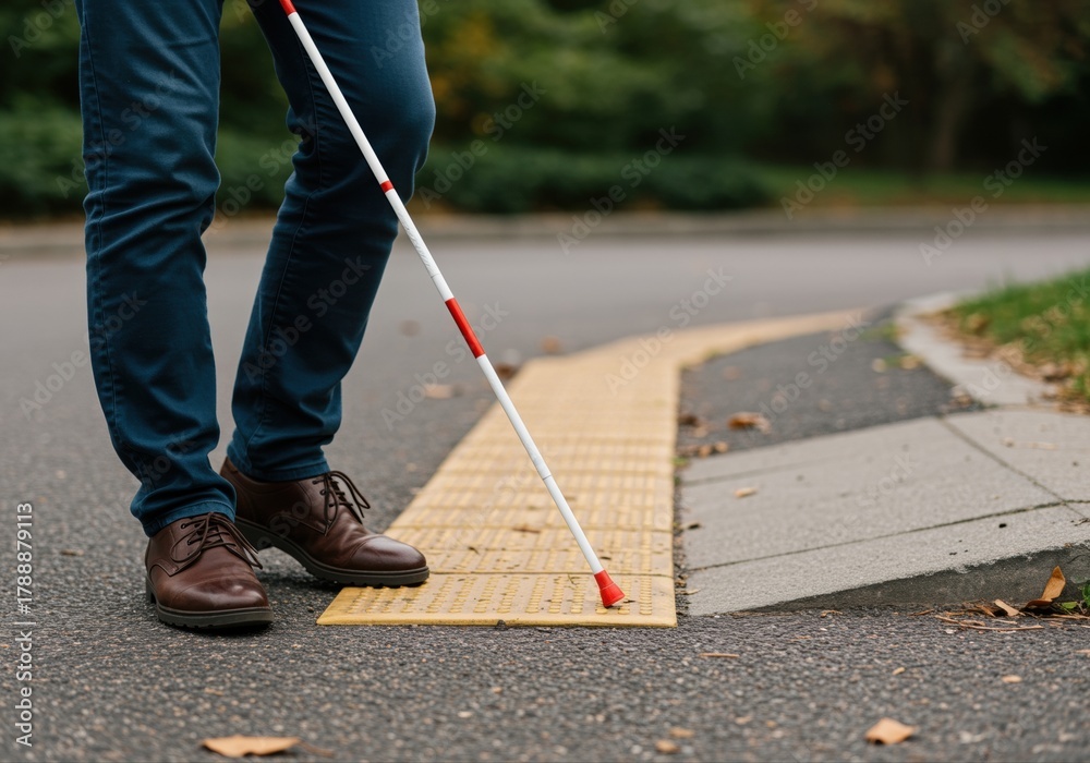 Fototapeta premium person with walking cane navigating city sidewalk with tactile paving on an autumn day