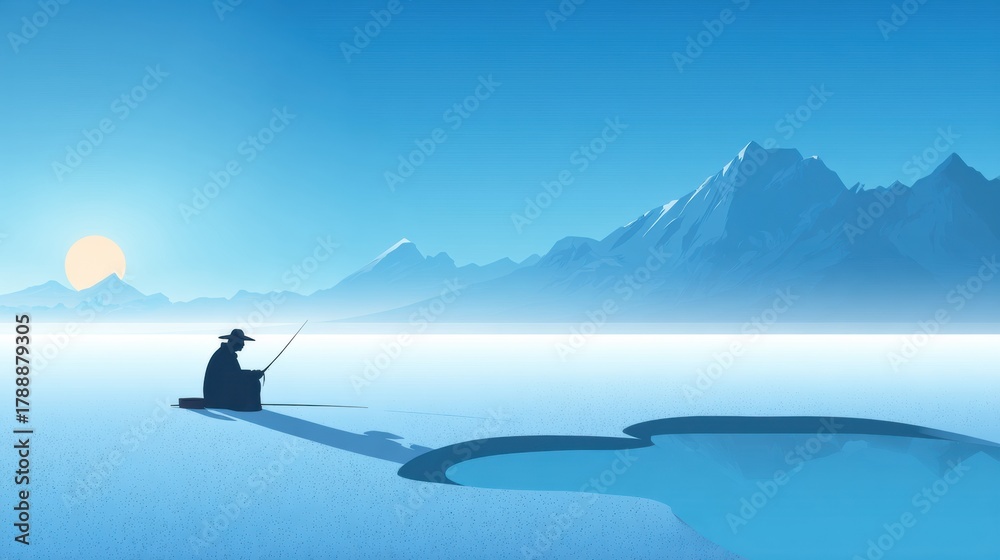 Fototapeta premium Fisherman Enjoying the Tranquility of Winter by an Ice Hole in a Bright Landscape