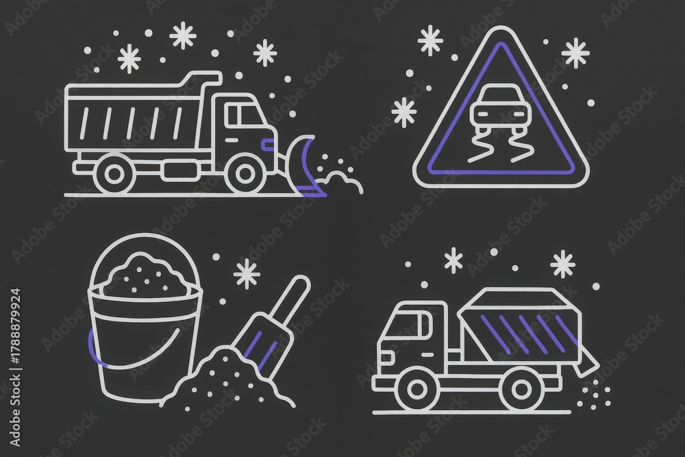 Fototapeta premium Snow clearing services featuring snow trucks and safety indicators in a stylized graphic representation enhancing winter road safety and urban maintenance strategies showcasing winter