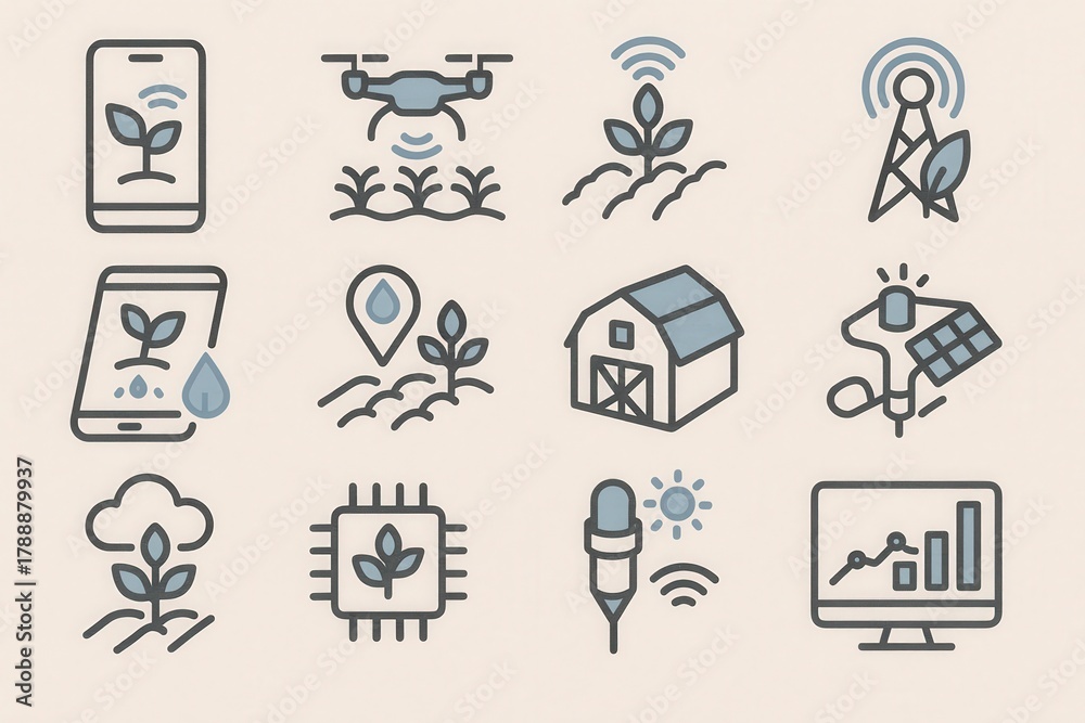 Obraz premium Innovative agricultural technology icons showcasing smart farming techniques using drone monitoring, mobile applications and data analysis to enhance crop growth and sustainability