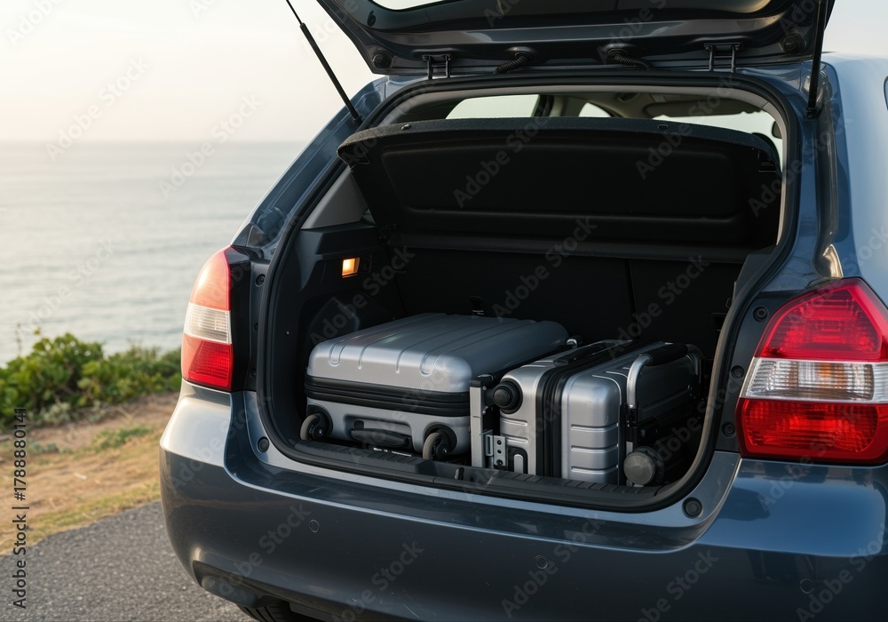 Fototapeta premium open car trunk with suitcases packed for a coastal road trip at sunset