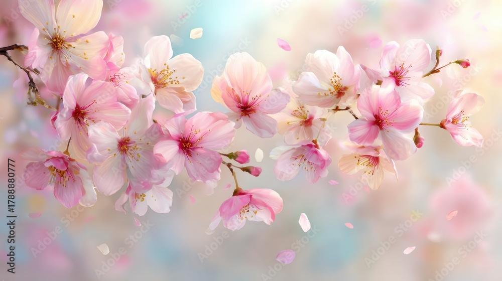 Obraz premium Delicate pink cherry blossoms adorn branches while petals gently fall in a tranquil setting.
