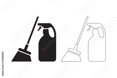 Cleaning tools icon set broom dustpan and spray bottle