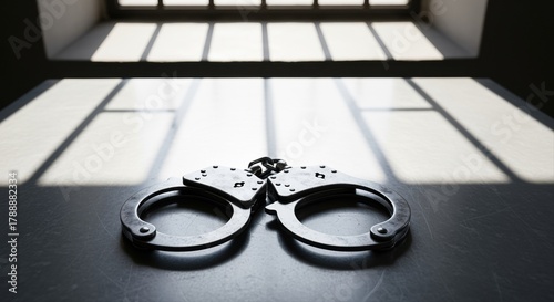metal handcuffs on dark table in prison cell with sunlight through barred window
