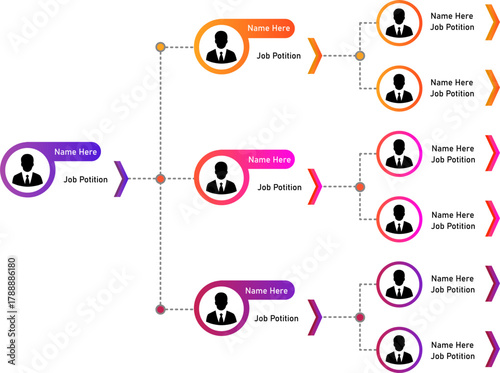 Organization Chart Diagram with Gradient Color Scheme — useful for visualizing company hierarchy, team structure, reporting lines, and workflow relationships