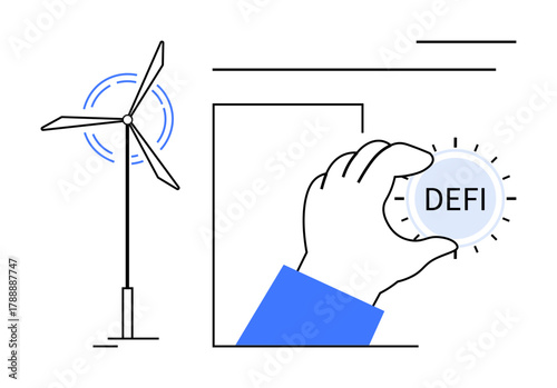 Hand holding DeFi coin next to wind turbine, blending clean energy and decentralized finance concepts. Ideal for sustainability, green technology, financial innovation, cryptocurrency, renewable