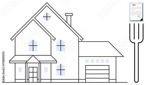 Clean line art of a house, decorative garden fork, and formal document. Ideal for real estate, home decor, contracts, farming, gardening construction and lifestyle themes. A simple flat metaphor