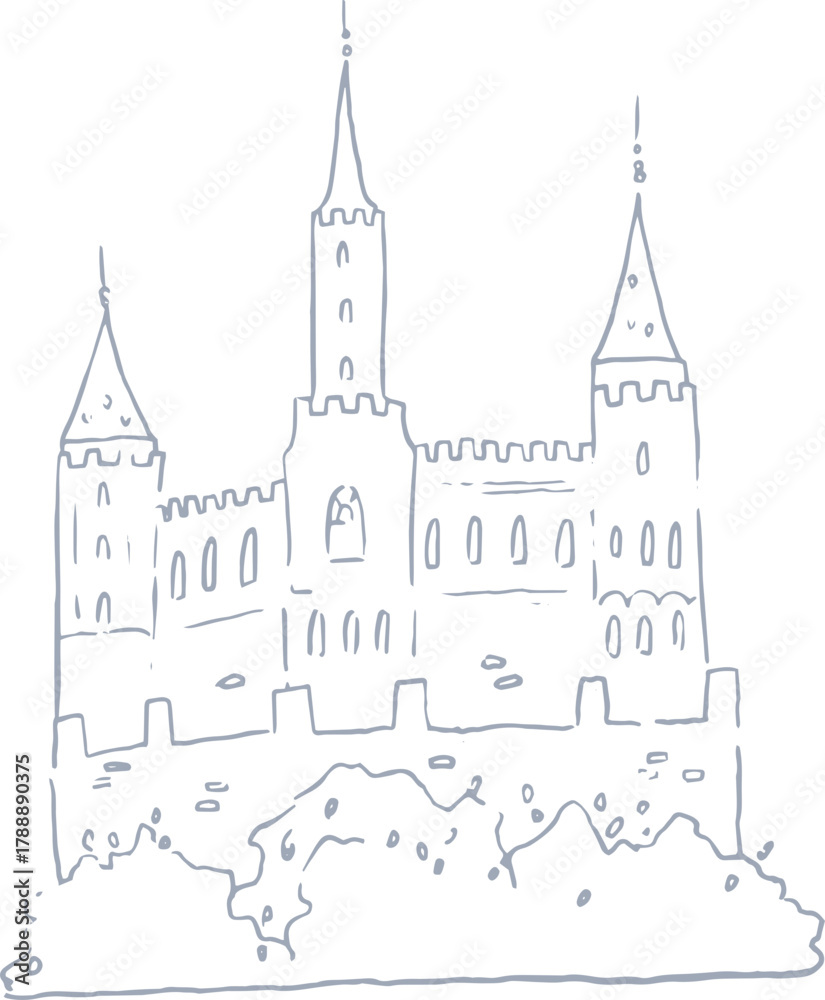 Fototapeta premium Whimsical castle core line art silver illustration of fantasy castle. Vector medieval hand drawn doodle.