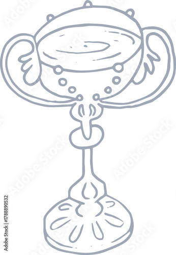 Whimsical castle core line art silver illustration of Holy Grail. Vector medieval hand drawn ornate goblet doodle.