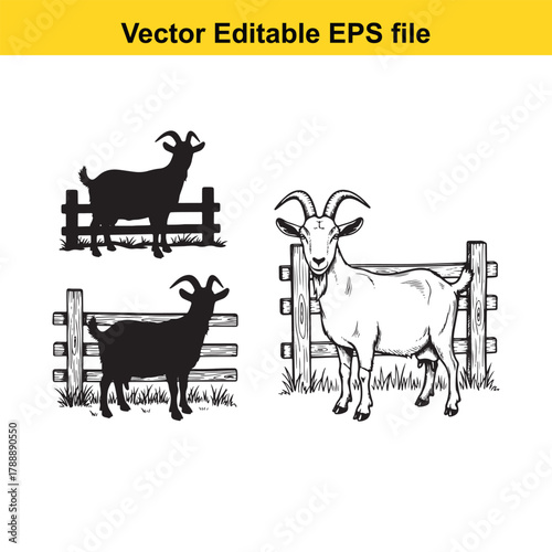 Two goats, one black silhouette and one white, standing near a wooden fence